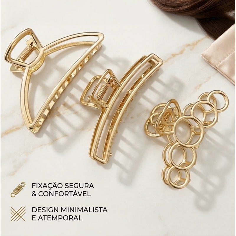 Kit 3 Clip de Cabelo Feminino Presilha de Metal Dourada/Prata 7,5 cm
