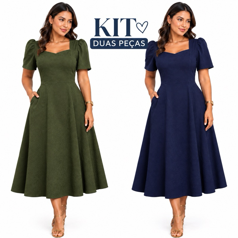 KIT 2 Vestidos Midi Evasê Manga Moda Evagélica Elegante Executivo Premium Godê Caimento Fluido Vestido Casual