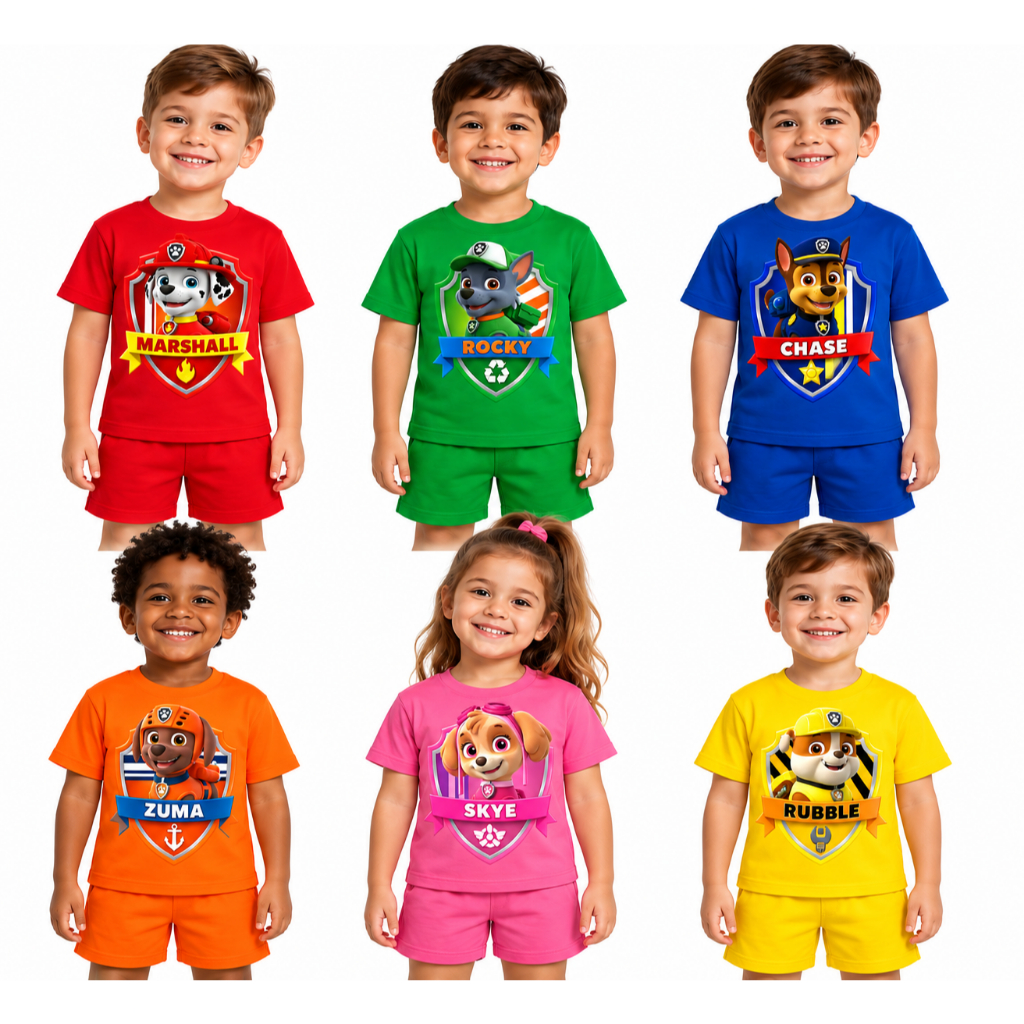 Conjunto Infantil Camiseta e Short Personagens Patrulha Canina Menino Menina Roupa Infantil Verão Pijama Confortável