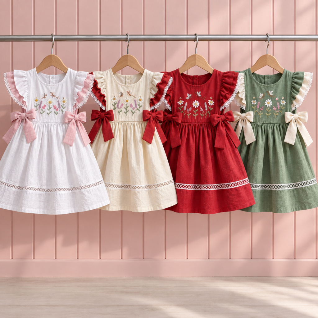 Vestido Feminino Infantil Com Amarração Lateral Vestido Kids com Babadinhos em Mangas Bordado Floral