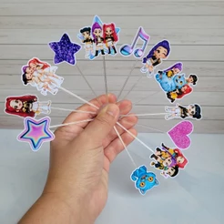 Topper para Docinhos Guerreiras do K-Pop 3 a 4cm com Hastes Transparentes Aplique para Brigadeiro Festa Infantil