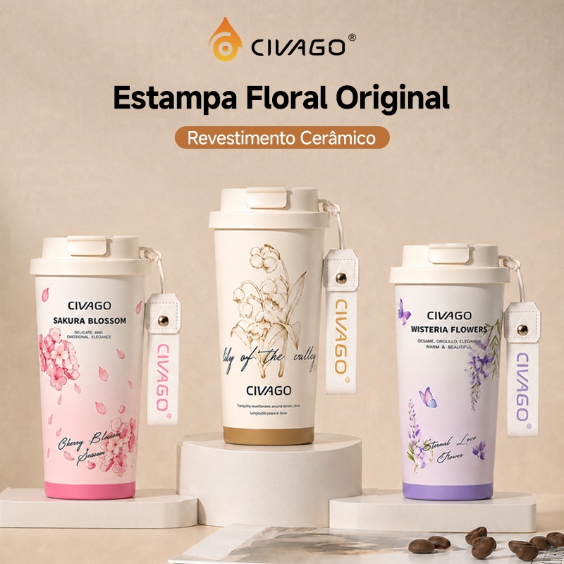 CIVAGO Copo Térmico 500ml Aço Inox 316 com Alça de Tecido e Estampa Fofa Tampa 2-em-1 antivazamento12h Quente/24h Frio