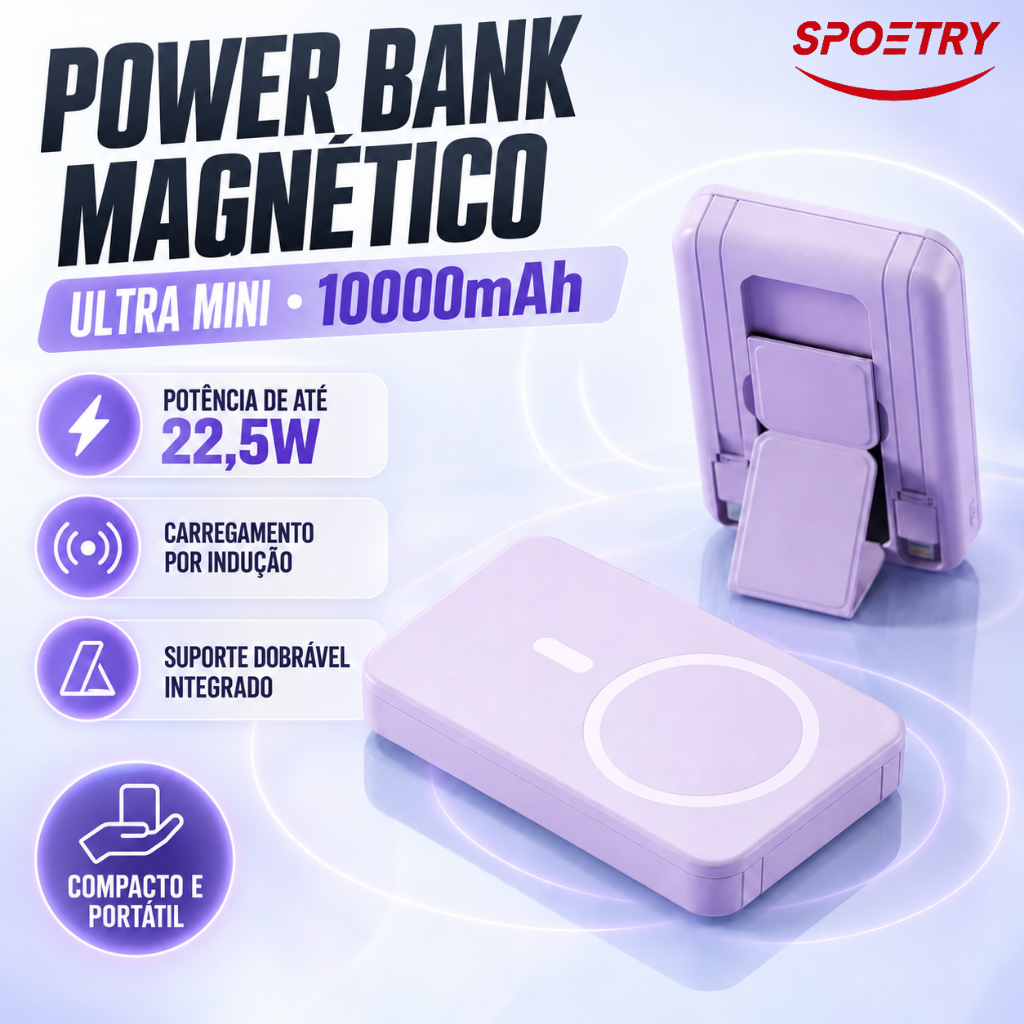 Carregador Portátil Power Bank Ultra Mini Bateria 10000mah 22.5w Por indução Magnético Com Suporte