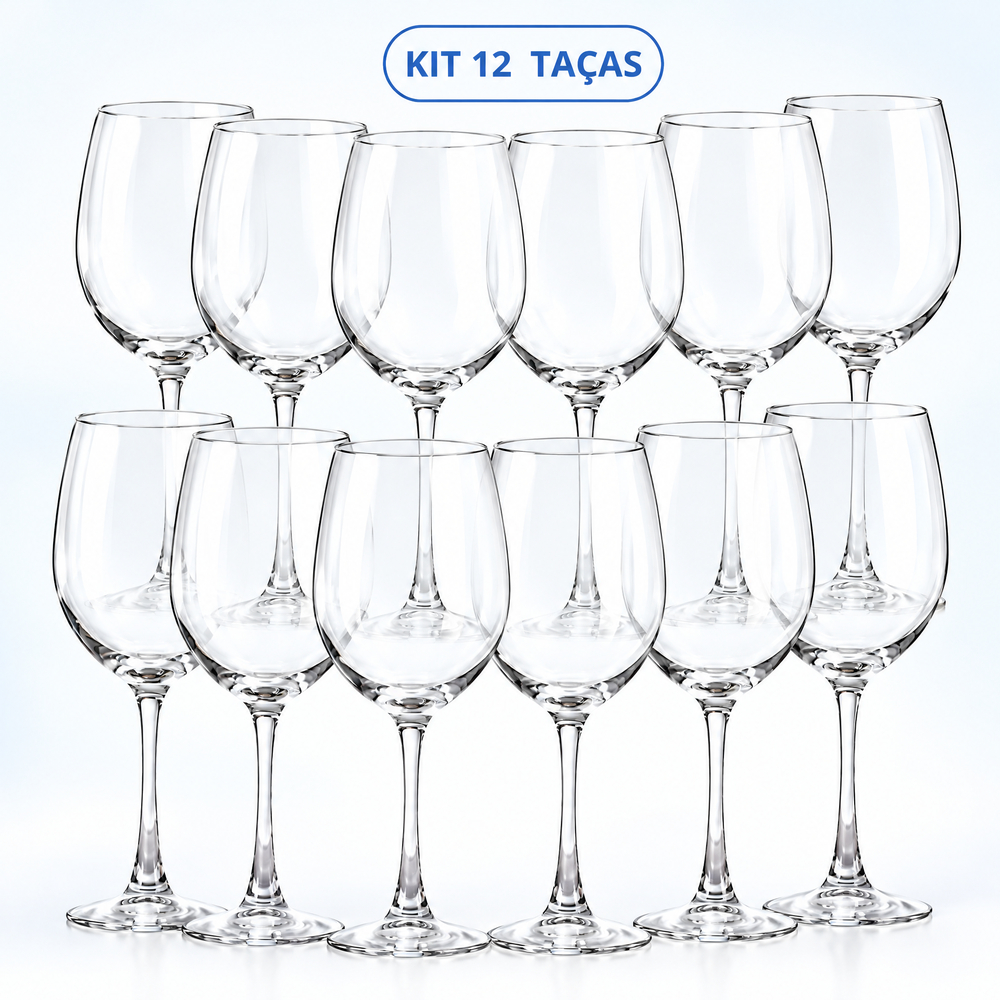 Jogo 12 Taças de Vidro Resistente para Vinho e Água 465ml Design Moderno Drink Coquetel Premium Luxo