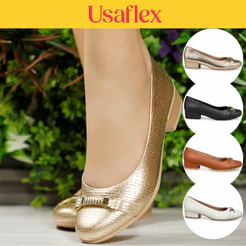 Scarpin Usaflex Couro Salto Baixo Texturizado Fivela UD06001