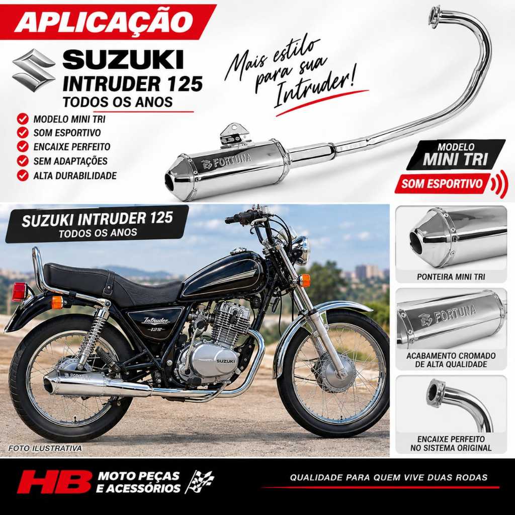 Escapamento Suzuki Intruder Ano 2002 a 2016 F1 Mini Tri Fortuna Preto/Cromado + Selo do Inmetro · foto 2