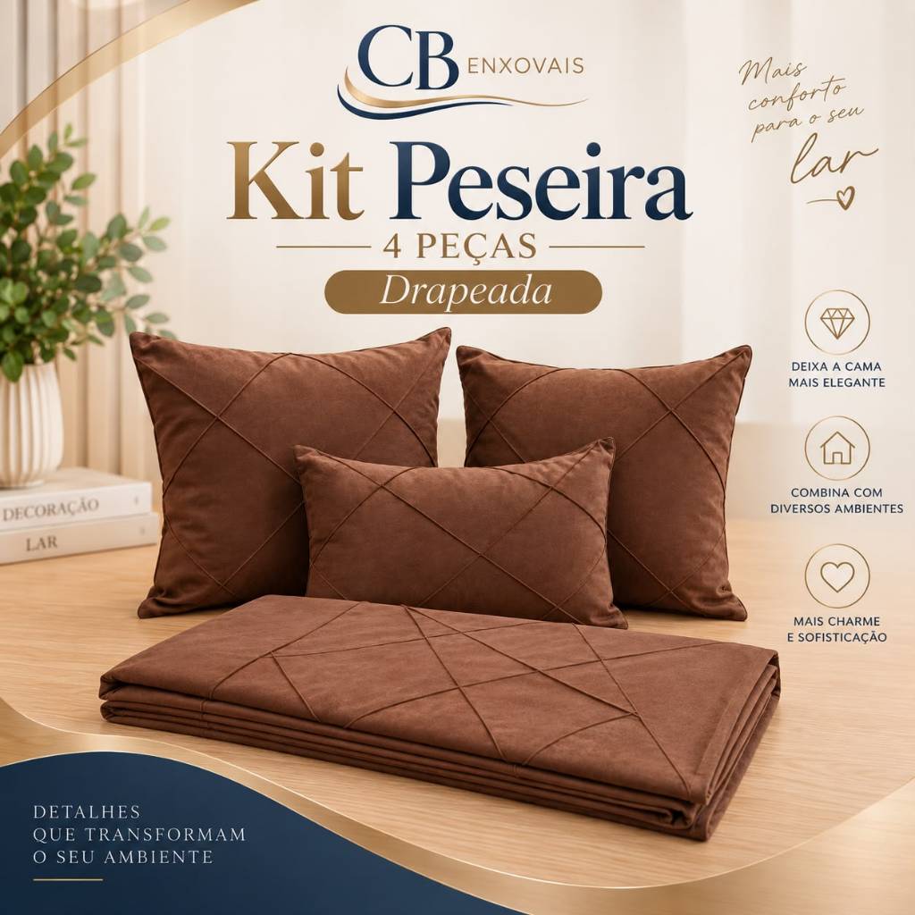 Kit Peseira Cama 4 Peças Drapeada Decorativa Elegante Colcha para Quarto