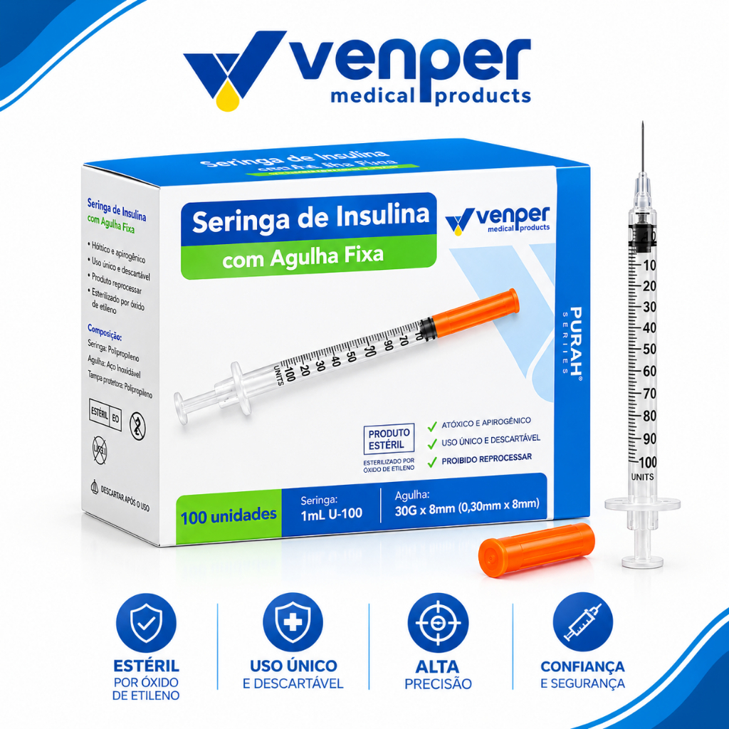 Seringas Insulina/Botox 100UI - C/Agulha Fixa 8mm x 0,30mm - Venper - Ultrafina.