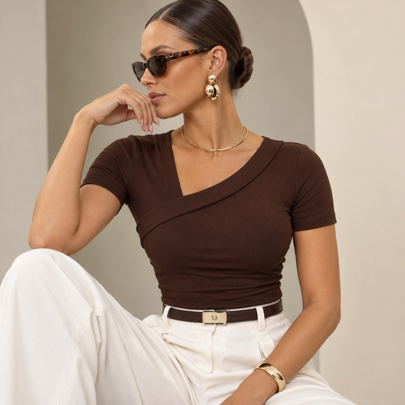 Blusa Feminina Assimétrica Estilosa Elegante Canelada Ribana