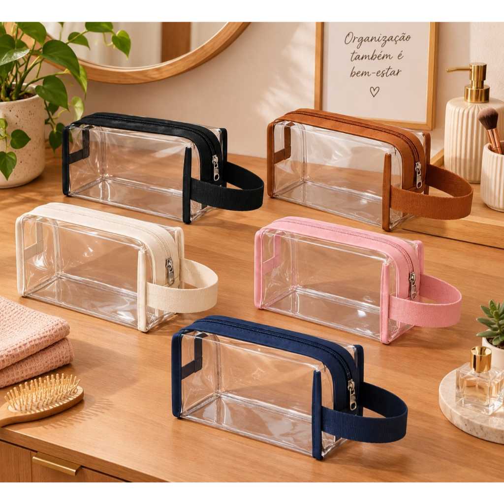 Necessaire Estojo Plástico Cristal Transparente Zíper - Resistente e Lavável