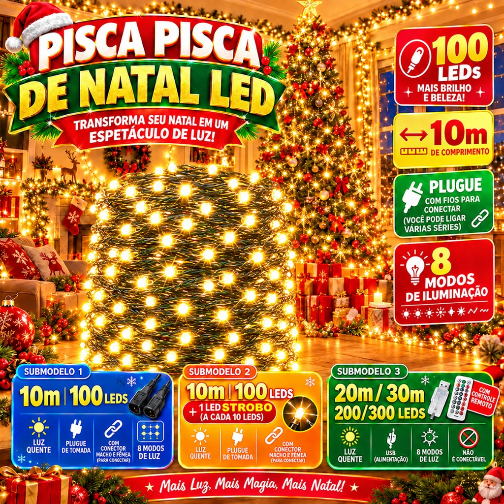 Pisca Pisca Natal 10/20/30 Metros 100/200/300 LEDs Luz Quente à Prova d'Água Área Interna e Externa Decoração pra Árvore
