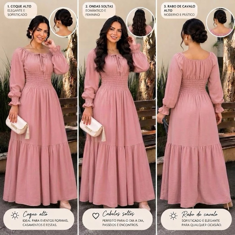Vestido Longo Feminino DUNA Manga Longa Lastex Elegante Moda Evangélica Cor Tamanho P M G GG