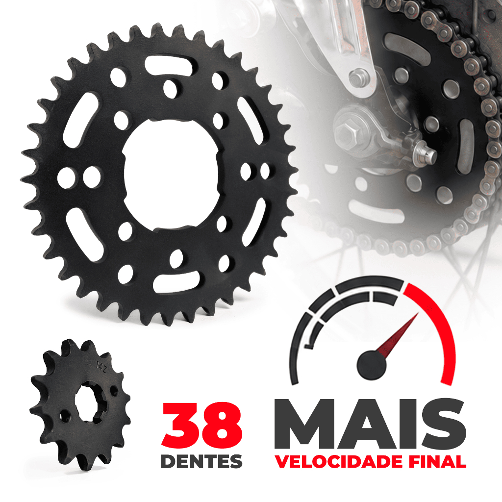 Kit Relação Coroa Pinhão 38x14 Mais Velocidade Final Compatível com Titan Fan Start YBR Factor 125 150 160