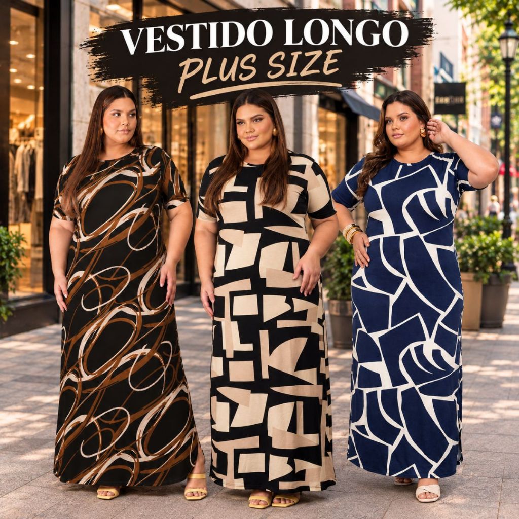 Vestido Longo Plus Size Confortável Soltinho Com Fenda Moda Evangélica Casamento Liso Estampado