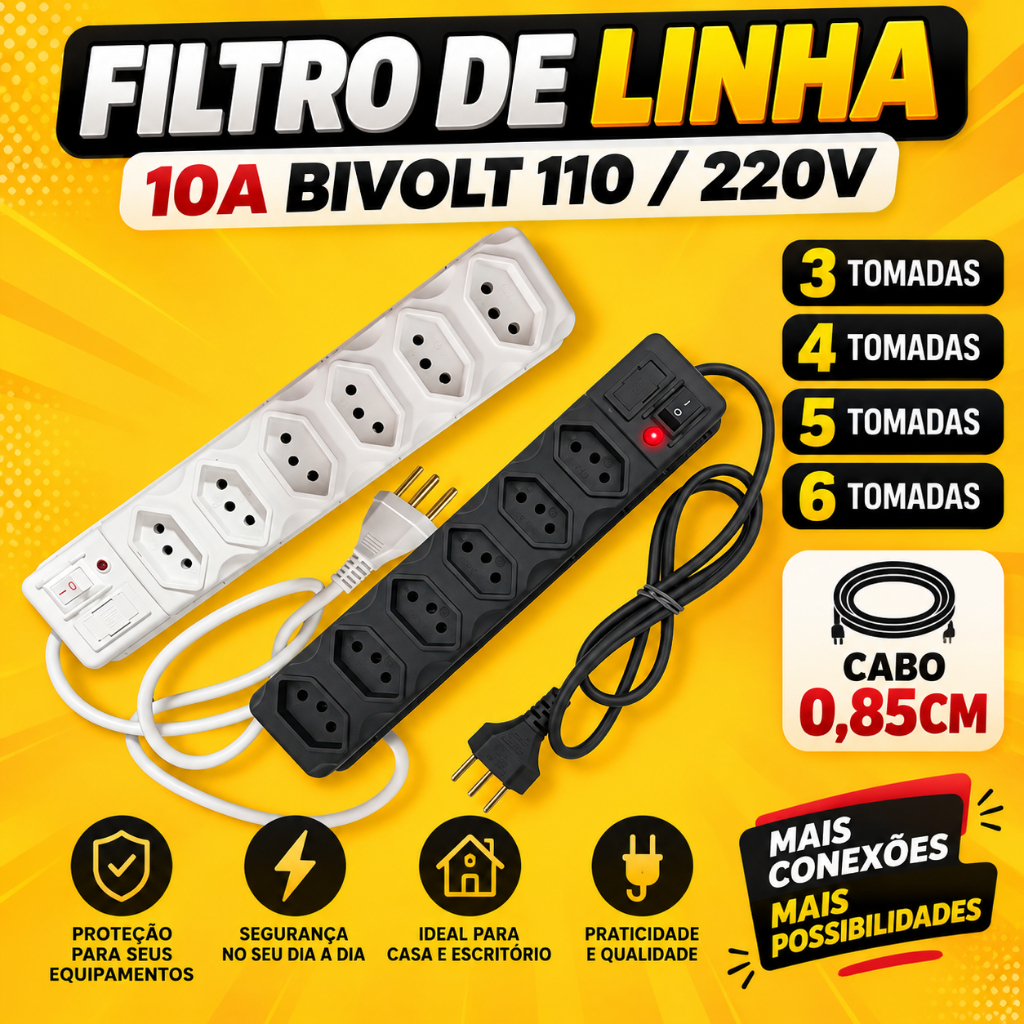 Filtro de Linha Branco e Preto 3, 4, 5 e 6 Tomadas Extensão Elétrica Régua Elétrica 10A Bivolt