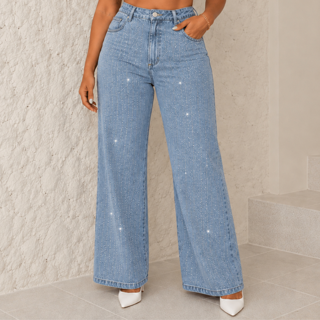 Calça Jeans Feminina Wide Leg com Brilho Cintura Alta Premium