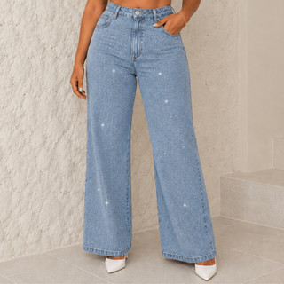 Calça Jeans Feminina Wide Leg com Brilho Cintura Alta Premium