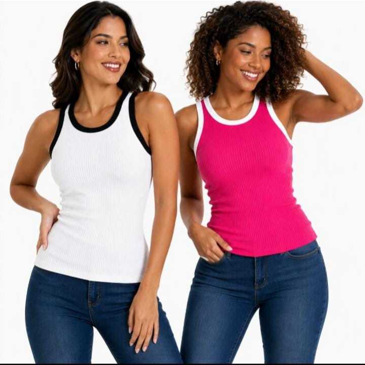 kit 2 Blusa Regata Canelado Feminino Básica Bicolor Ribana Premium Confortável Estilosa Casual