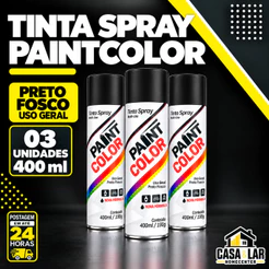 Kit 3 Tinta Spray Preto Fosco 400ml Paintcolor Uso Geral Secagem Rapida Para Artesanato