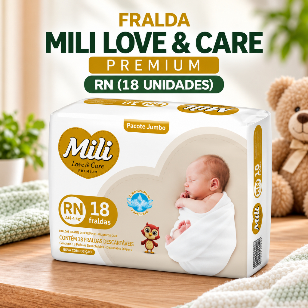 Fralda Recém Nascido Mili Love & Care Premium RN 18 unidades