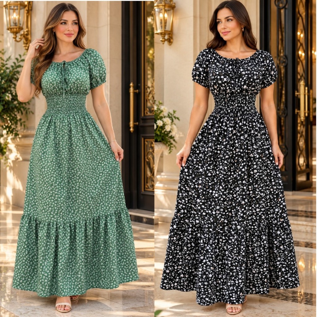 Vestido Longo Ciganinha CREPINHO Casual Manga curta Tendência Moda evangélica