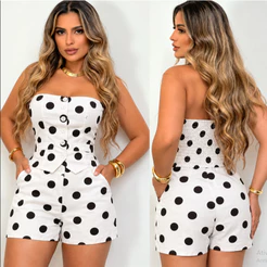 Conjunto POA Tomara que Caia + SHORT | Alfaiataria Feminina Estampa Bolinhas Moda Verão