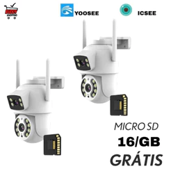 Kit 2 Câmeras Segurança Wi-Fi Dupla Lente 360° IP66 Visão Noturna com 2 MicroSD 16GB