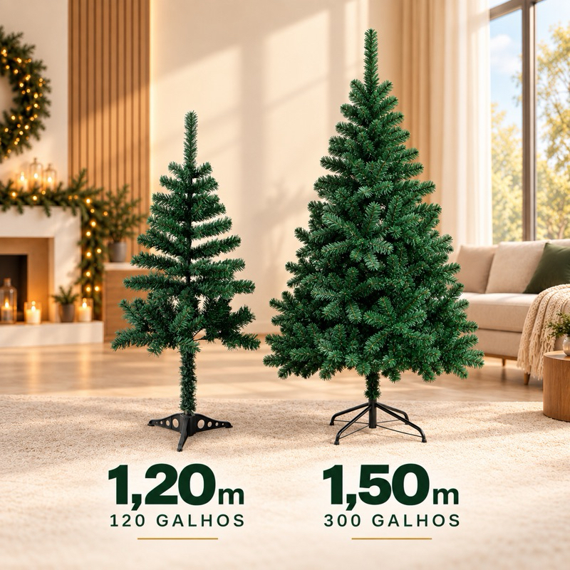 Arvore De Natal 1,50 Metros 300 Galhos/ 1,20 Metros 110 Galhos Pé Plastico Cheia Pinheiro Luxo Base Metal Grande
