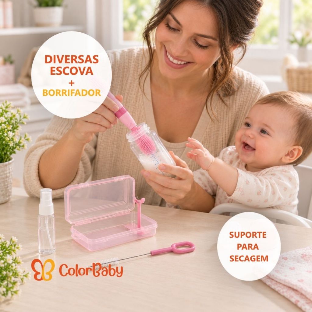 Kit Portátil de Limpeza de Mamadeiras - com Escovas, Borrifador e Suporte - ColorBaby — imagem 2 de 2