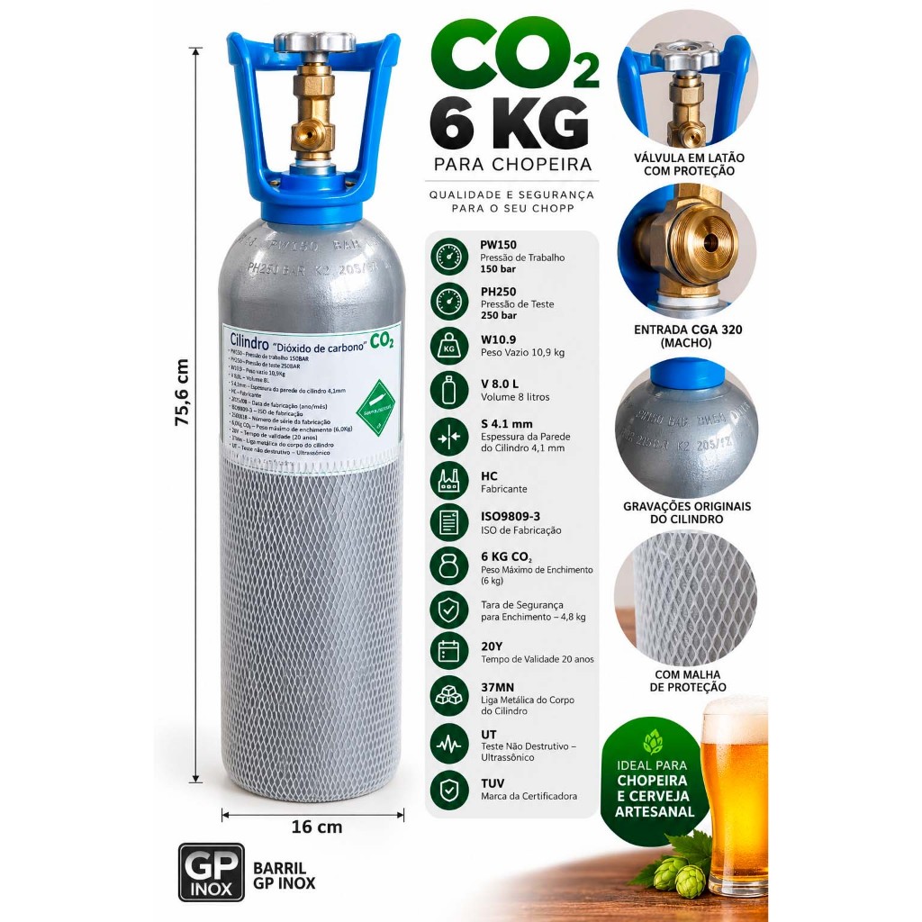 Cilindro Vazio Para Gás Carbônico Co2 Chopp Chopeira 6kg 16cm Em aço