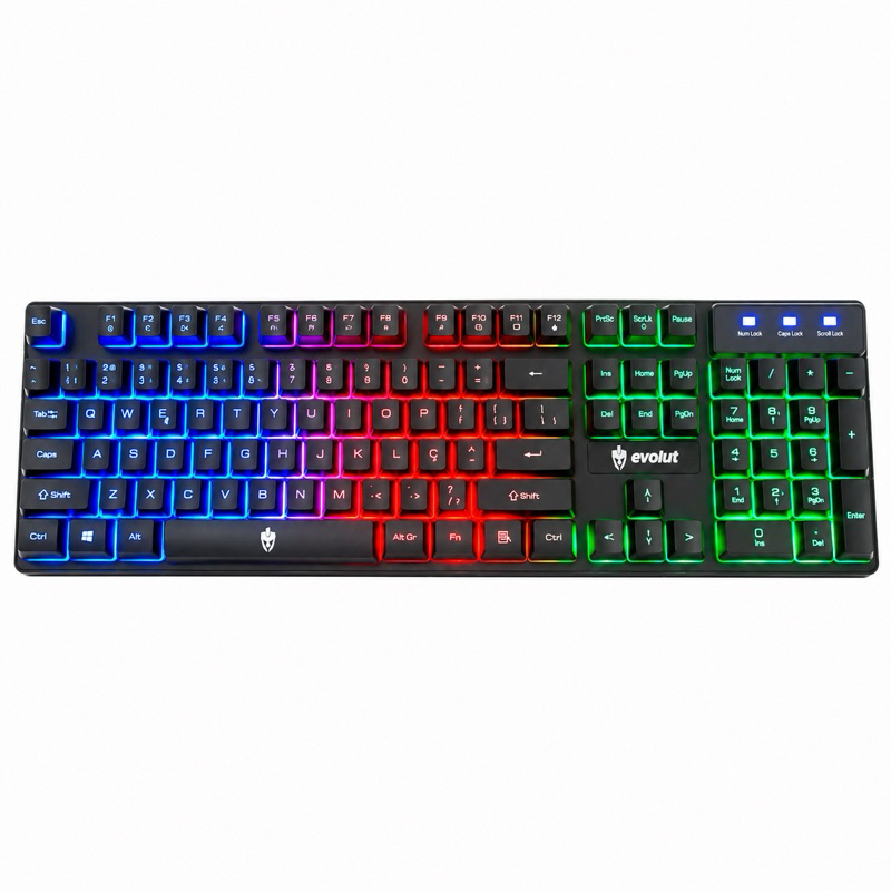 Teclado Gamer Semi Mecânico com Fio Preto Evolut Led RGB Abnt2 Qwerty Português Rainbow Ergonômico
