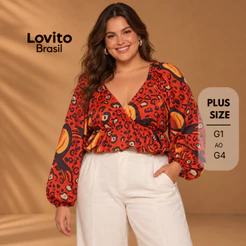 Lovito Bossa Blusa Feminina Plus Size Manga Longa Estampada BLB493BRL523
