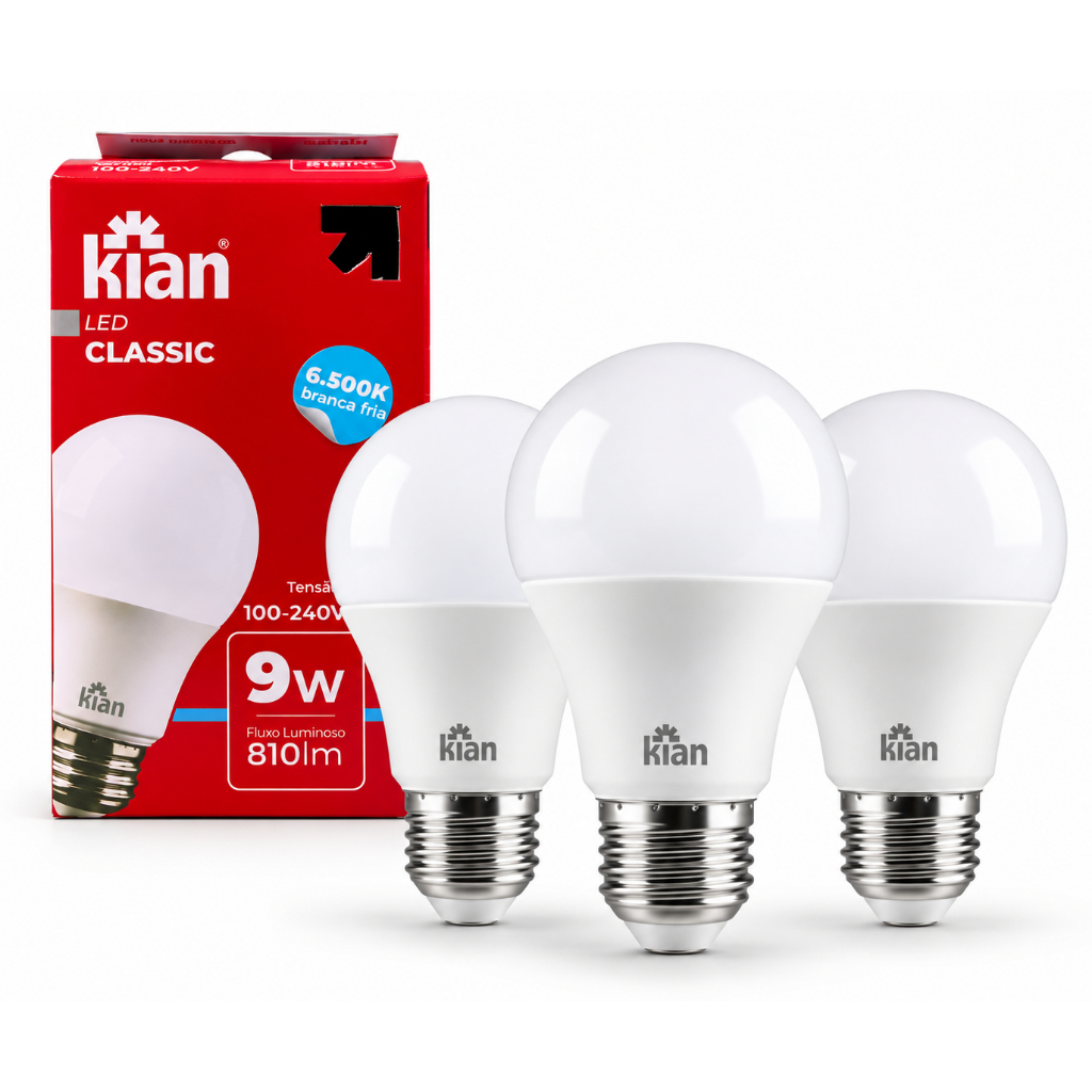 Lâmpada Led Bulbo 9W 6500k Branco Frio E27 Kit 3 Peças