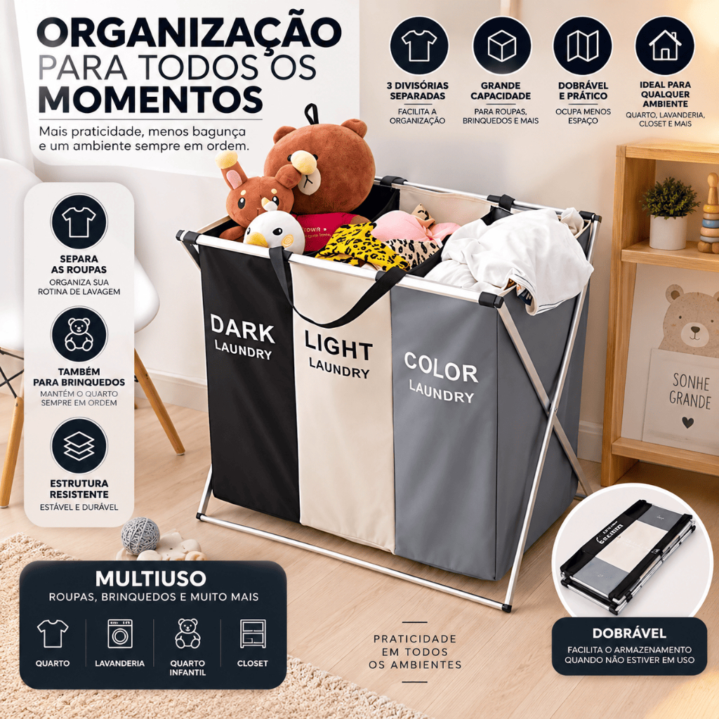 Cesto de Roupas Dobrável Grande 3 Divisórias Organizador Roupas Sujas Briquedos 65x38x60cm · foto 2
