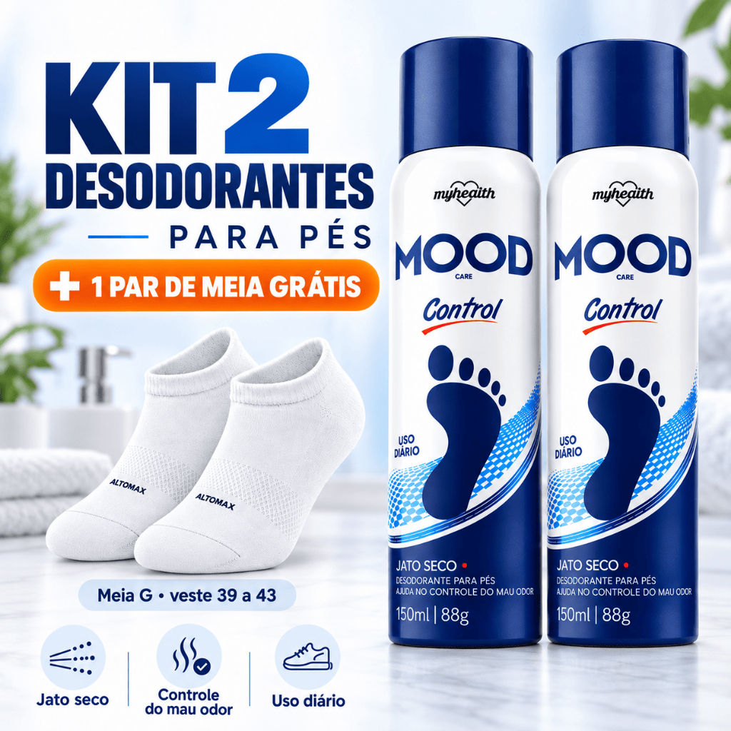 Kit 2 Desodorantes Para Pés Antichulé Jato Seco Mood Control 150ml + 1 Par de Meias Brinde G 39 a 43