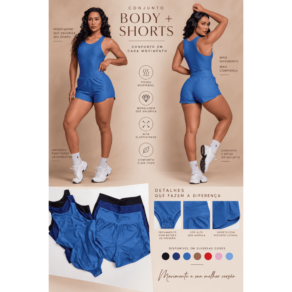 Conjunto de academia body e short no canelado de compressão gramatura 280 zero transparencia