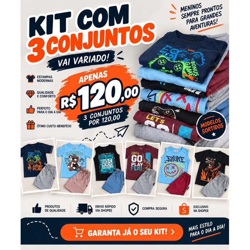 Kit 3 Conjuntos Infantil Masculino Menino Camiseta + Shorts Estampados Sortidos