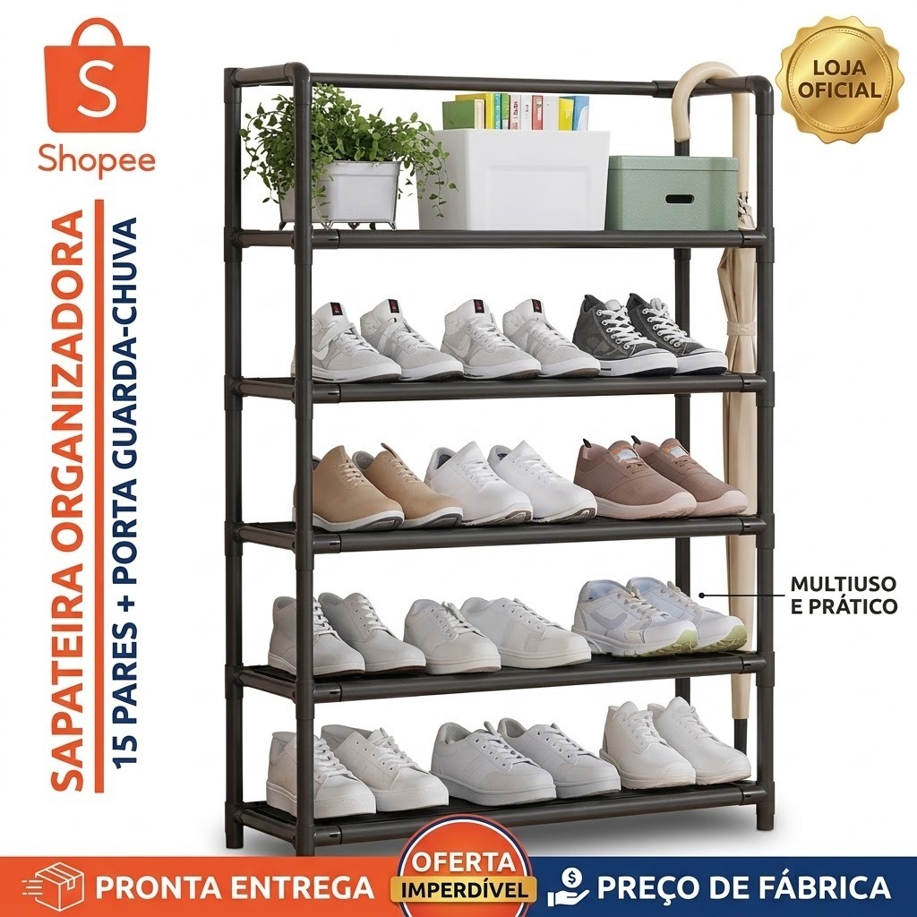 Sapateira Estante Multiuso 5 Prateleiras Organizador De Sapatos Livros Roupas Quarto Banheiro Lavanderia Preta Fácil Mon