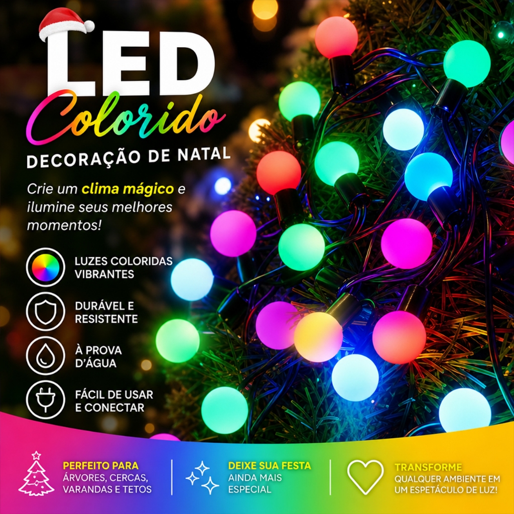 Varal de Luz de Natal 28 Bolinhas Estrelas LED Pisca-Pisca Colorido Fio Preto 220V KL-571-220