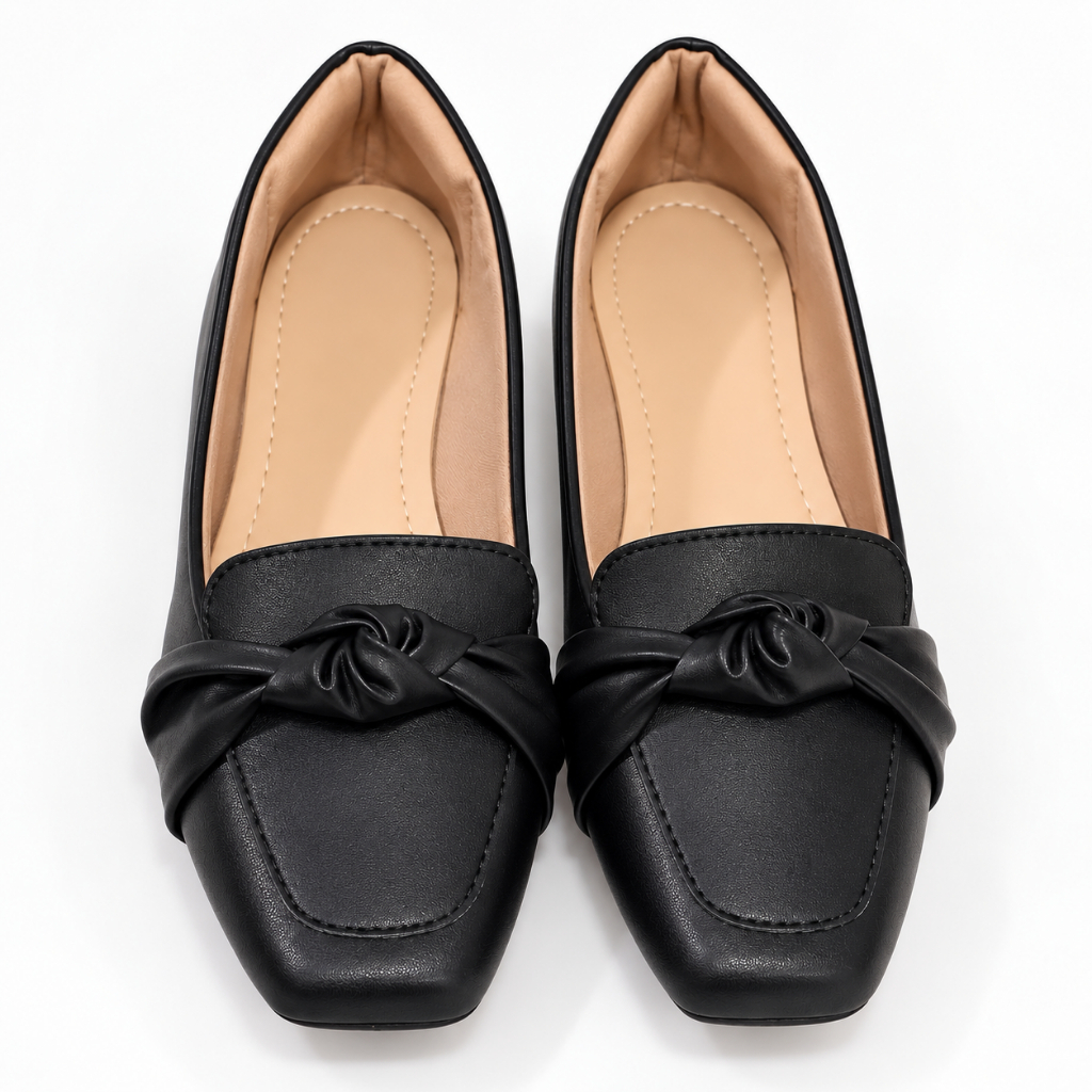 Mocassim Feminino Preto Confortável Bico Quadrado Sapatilha Casual com Nó