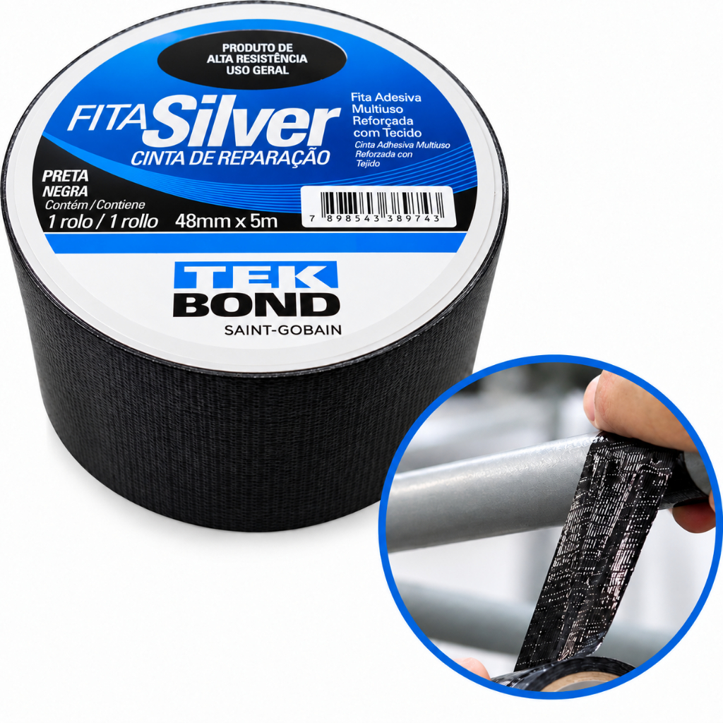 Fita Silver Tape Preta Multiuso Reforçada 5 Metros TekBond