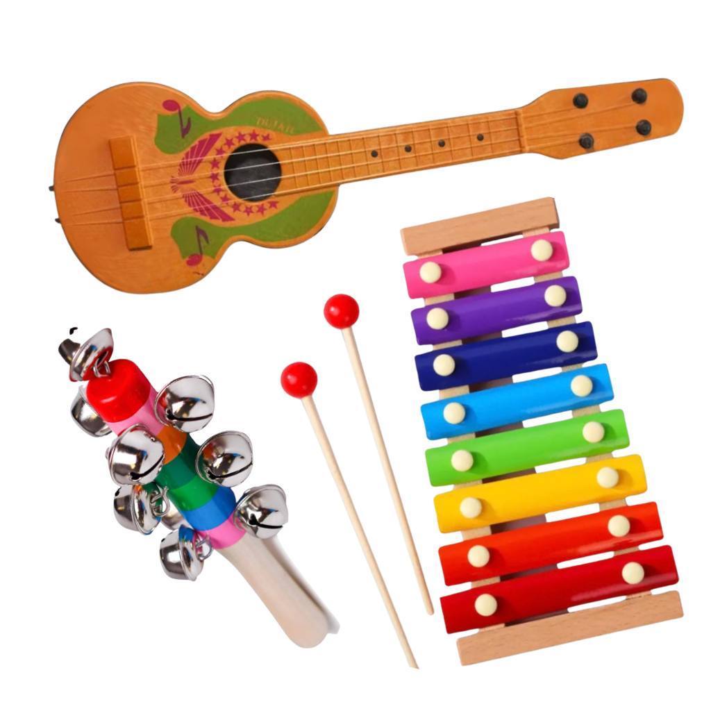 Kit Violão Infantil Brinquedo Xilofone Madeira Chocalho com Guizo Colorido Sensorial Musical Educativo