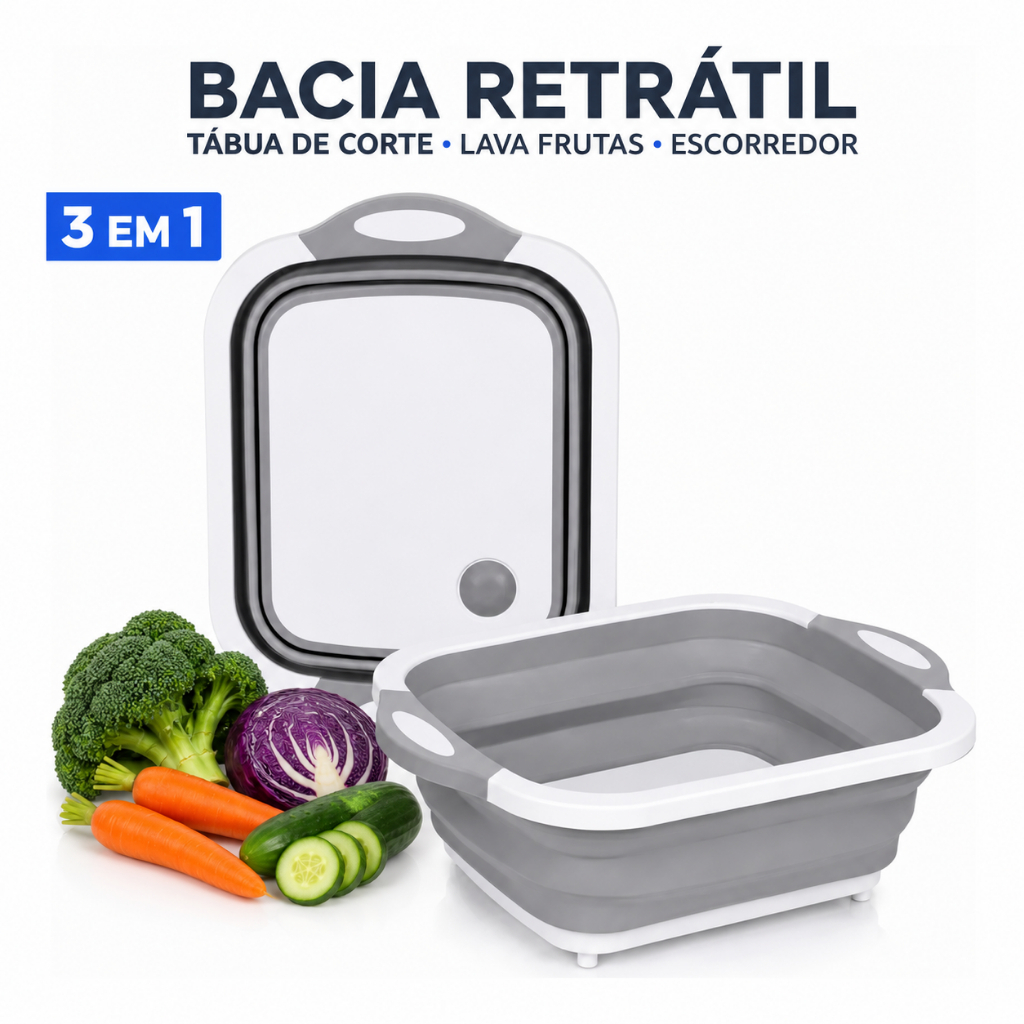 Bacia Retrátil 3 em 1 Tábua Dobrável Silicone Corte Cozinha Multiuso Escocorredor Fácil Guardar