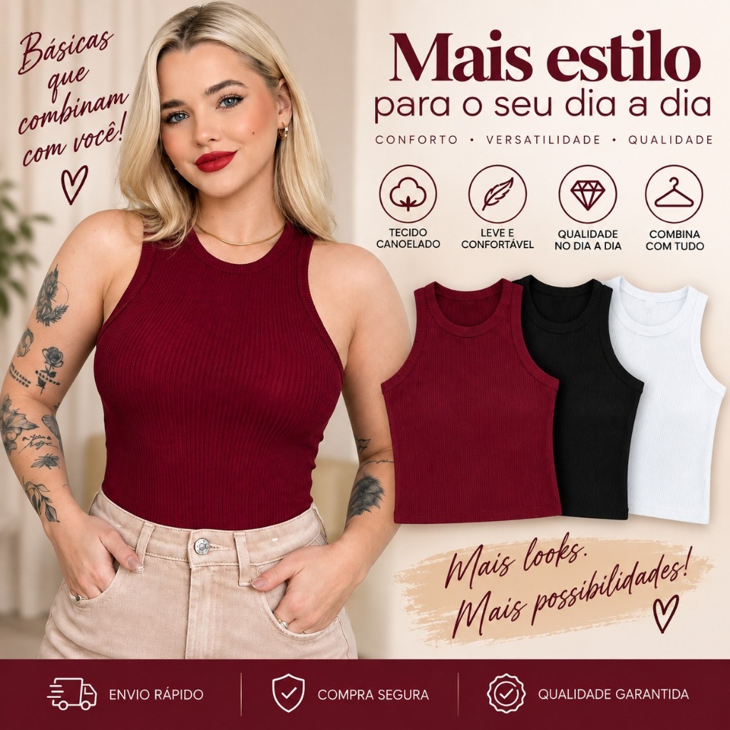 Regata Basica Feminina Canelada Premium Casual Decote Nadador Confortável Estilosa Canelada