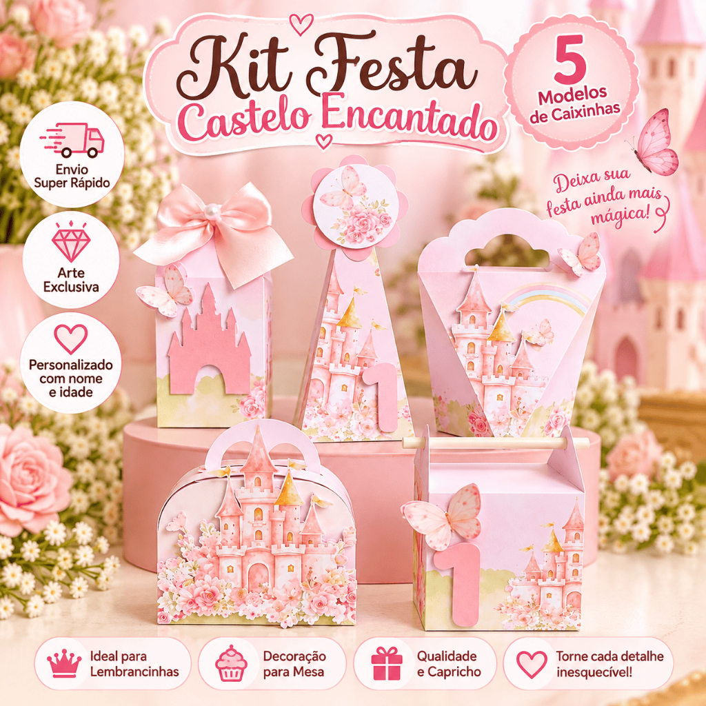 Kit Festa Castelo Encantado Personalizado | Caixinhas para Aniversário Infantil |Lembrancinhas com Nome e Idade, Realeza
