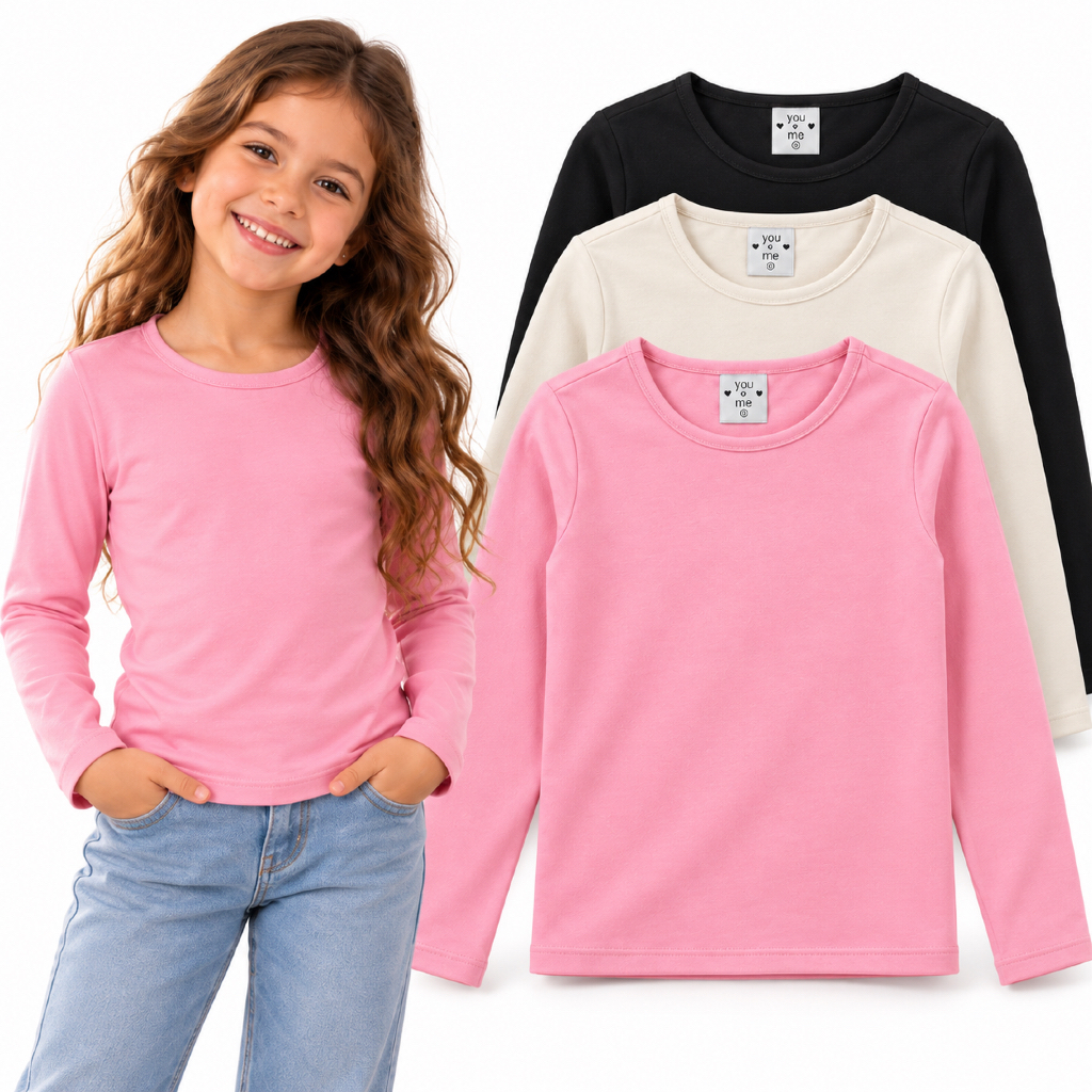 Kit 3 Blusa Infantil Manga Longa Cotton Menina Básica Inverno Tam 2 ao 12