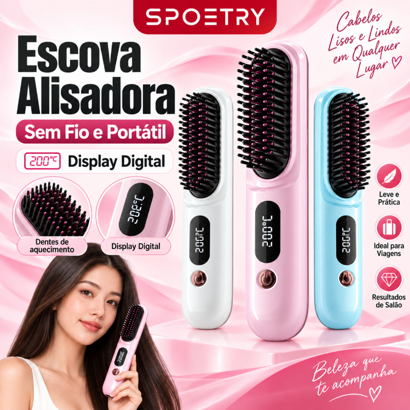Escova Alisadora Sem Fio, Pente Elétrico Portátil com Display Digital para Alisar e Modelar Cabelos