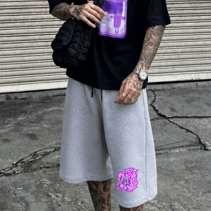 Bermuda Baggy Moletom Masculina Estampada Akurva Largo Oversized Streetwear Moda Urbana Casual Com Bolsos Ajustável