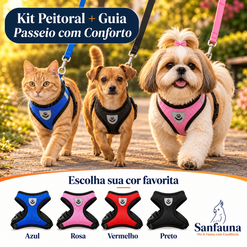 Kit Coleira Peitoral Com Guia Para Cachorro E Gato Passeio Pet Confortável Pequeno Médio Porte