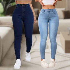kit2 e 1 Peça Calça Jeans Feminina Cintura Alta Skinny, Elástica, Modelo Ajustado, Várias Cores, Casual